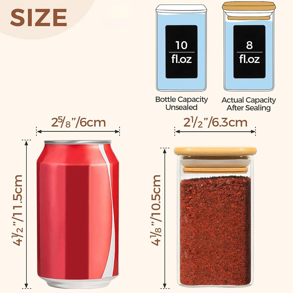 Glass Spice Jars with Bamboo Lid, 8 oz Airtight Square Containers.