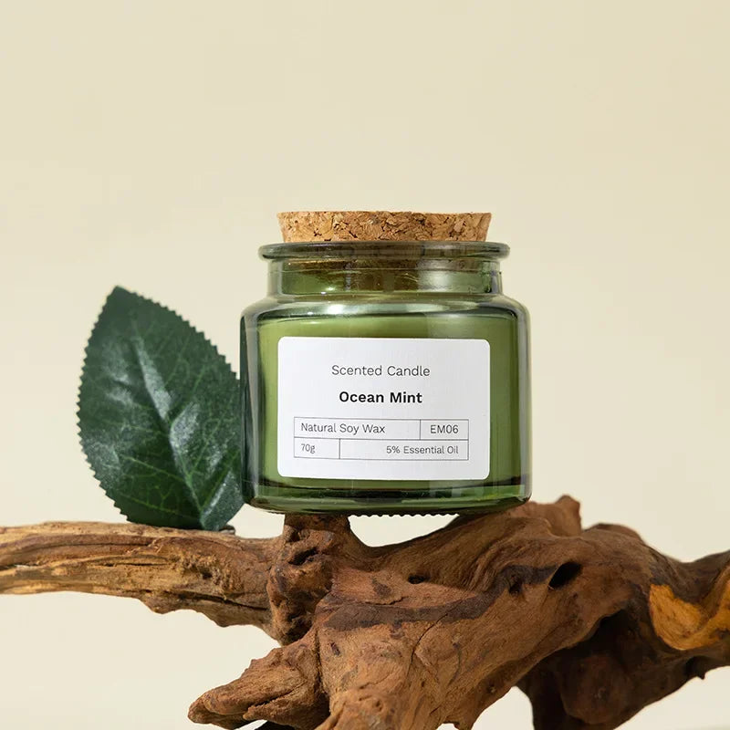 Candela per aromaterapia con piante naturali, senza fumo, in cera di soia verde, in vetro