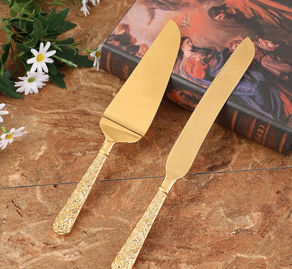 Cake Knife And Server Set,2 PCS Gold Cake Cutting Utensils Made By KONCO.