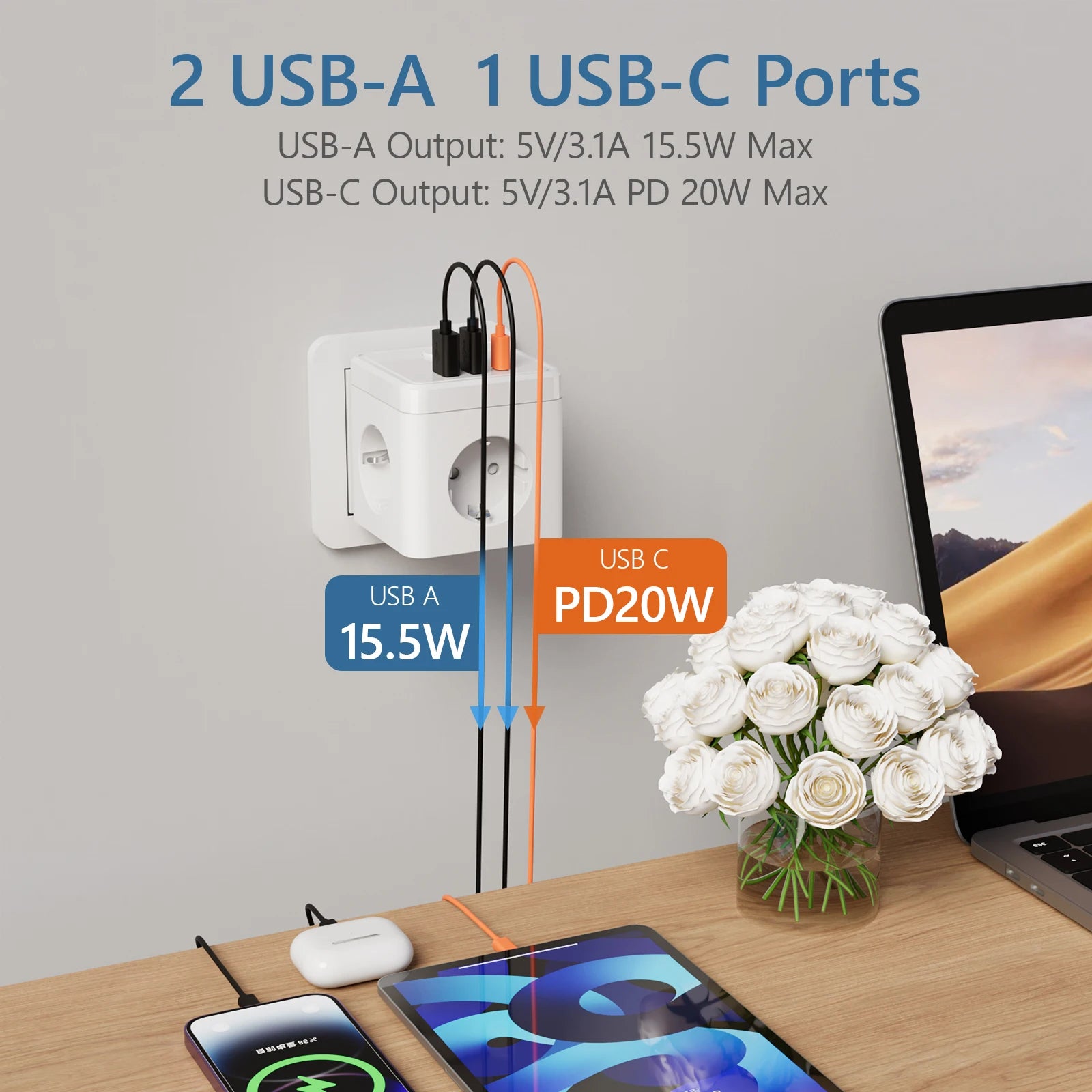 Prolunga per presa a muro con interruttore, 3 prese, 2 porte USB A e 1 porta di tipo C, cubo portatile