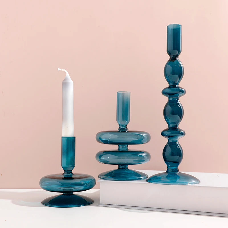 Navy Glass Candle Holder Stripe Flower Glass