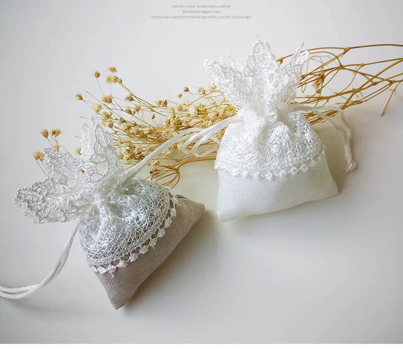 Bolsa de regalo para dulces con bordado de encaje blanco y cordón, 10 unidades.