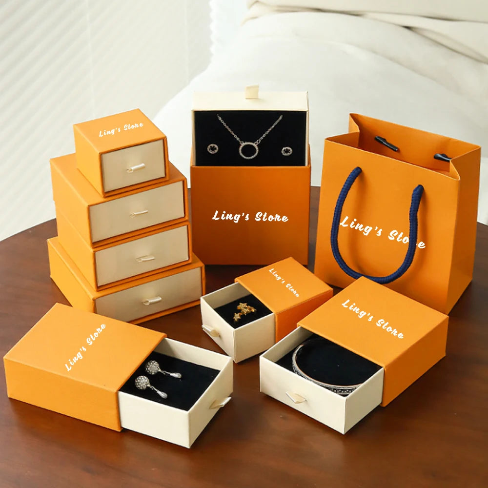 Scatola regalo con cassetto portagioie arancione e beige con logo personalizzato, 24/50/100 pezzi