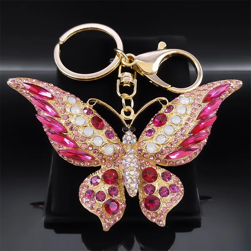 Portachiavi con ciondolo a farfalla in strass colorati color oro