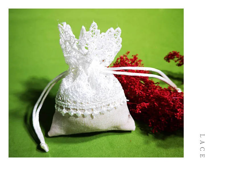 White Lace Embroidery Candy Gift Bag with Drawstring 10 pcs.