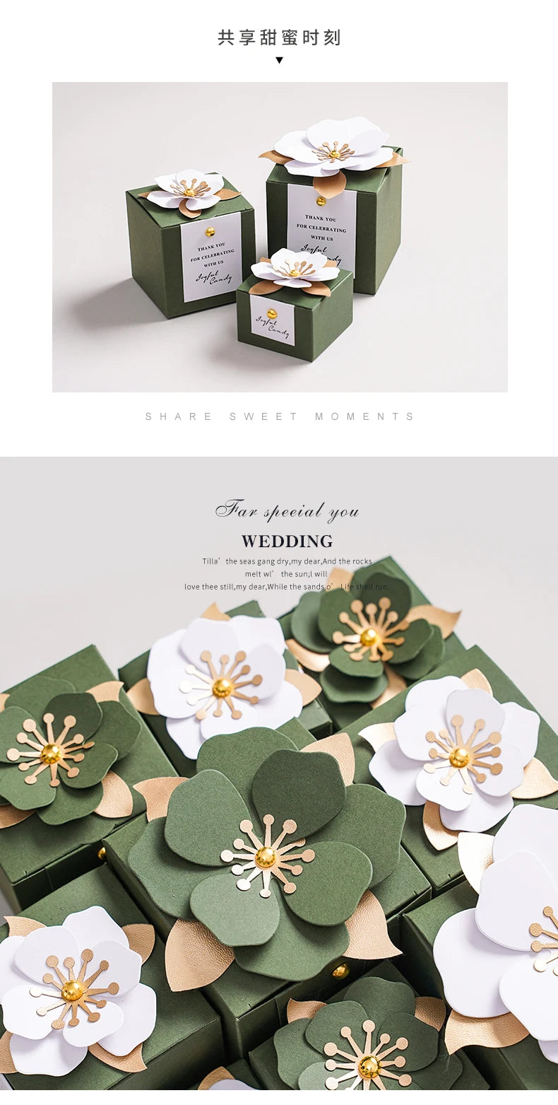 Wedding Candy Box Green Creative Flower Square Exquisite Personalized.