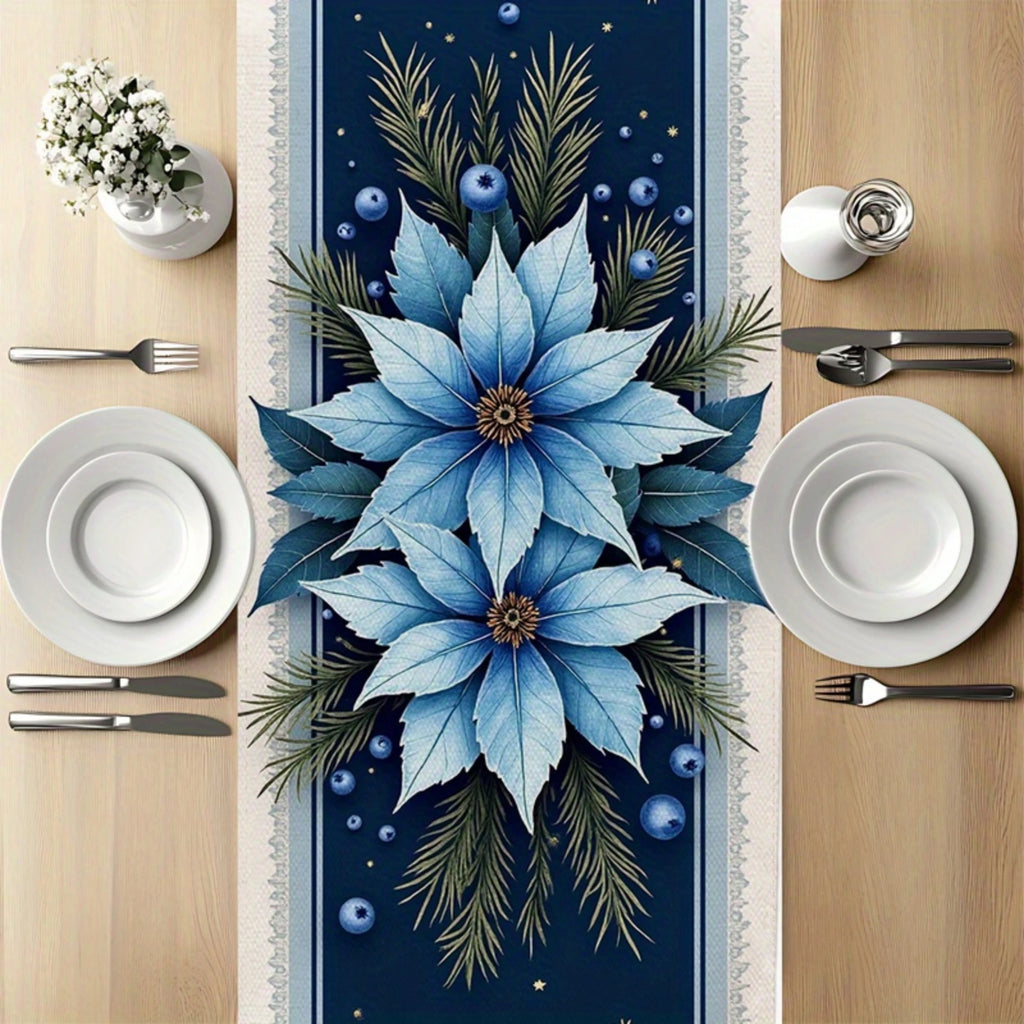 Camino de mesa navideño elegante, decoración navideña en color azul marino con flor de Pascua azul.