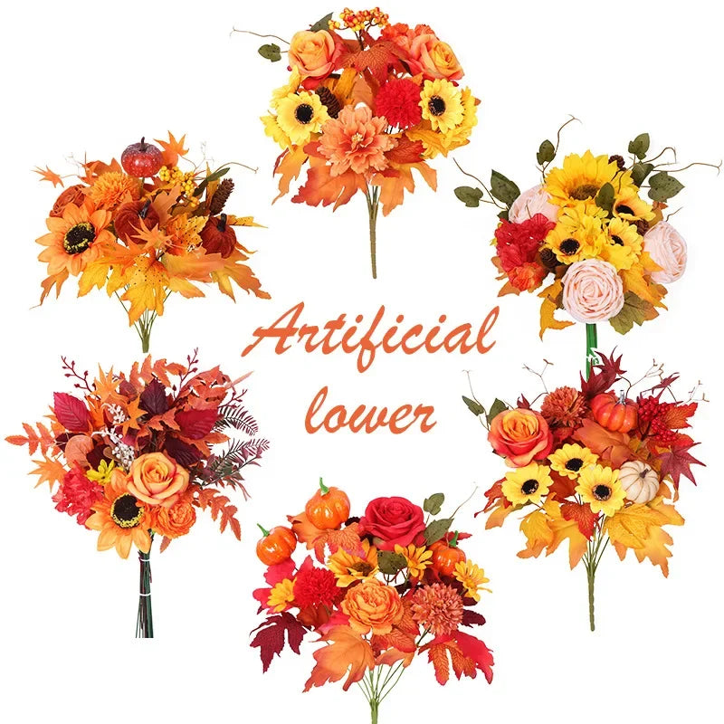 Ramo navideño de naranjas, girasoles artificiales y hojas de arce