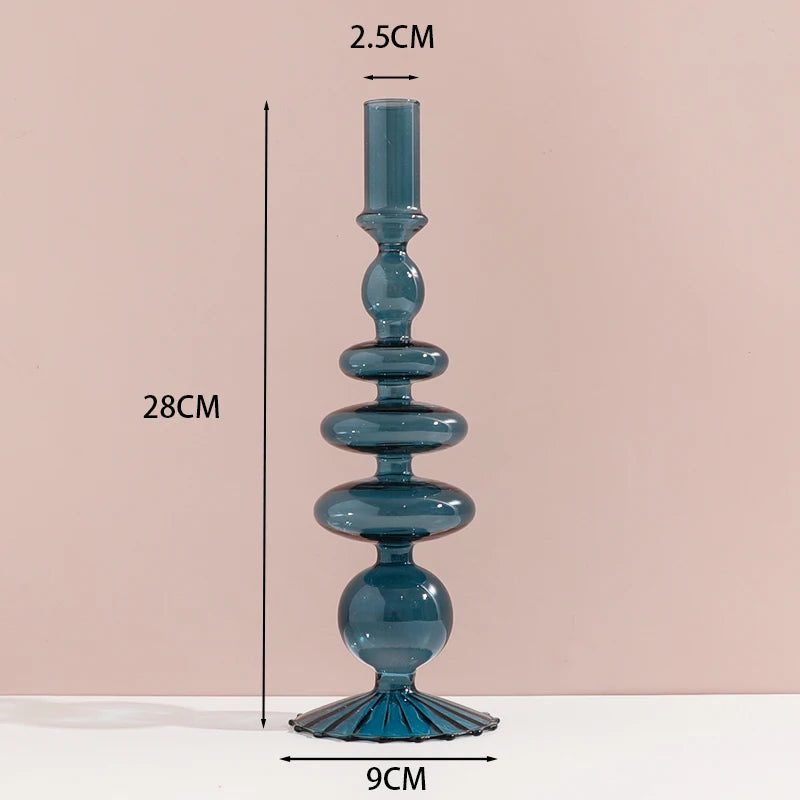 Navy Glass Candle Holder Stripe Flower Glass