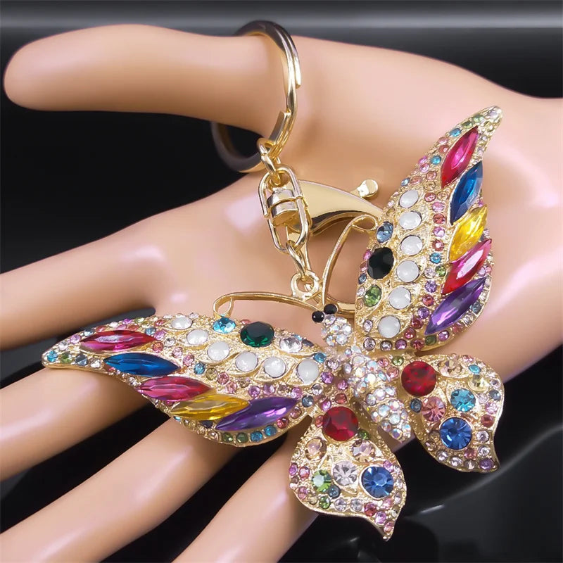 Portachiavi con ciondolo a farfalla in strass colorati color oro
