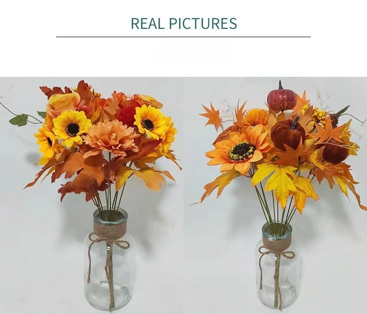 Ramo navideño de naranjas, girasoles artificiales y hojas de arce