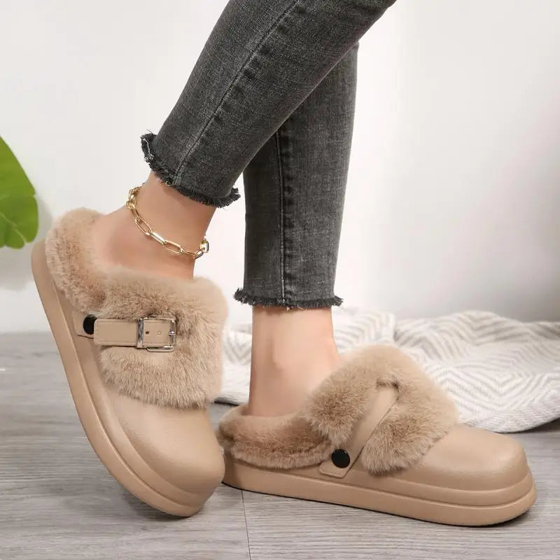 Zoccoli da donna con fondo spesso e pelo, 2025, invernali, con fibbia in metallo, impermeabili, in EVA, pantofole di peluche
