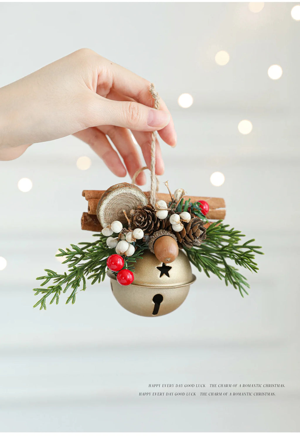 Christmas bells antlers bows pinecones Christmas tree.