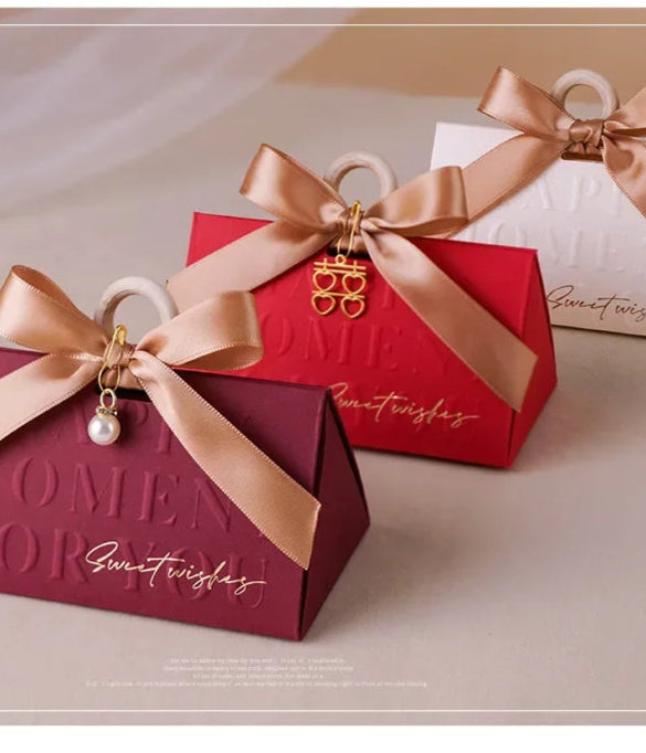 Scatola regalo portatile per caramelle triangolare da matrimonio, colore rosso vino, 5 pezzi