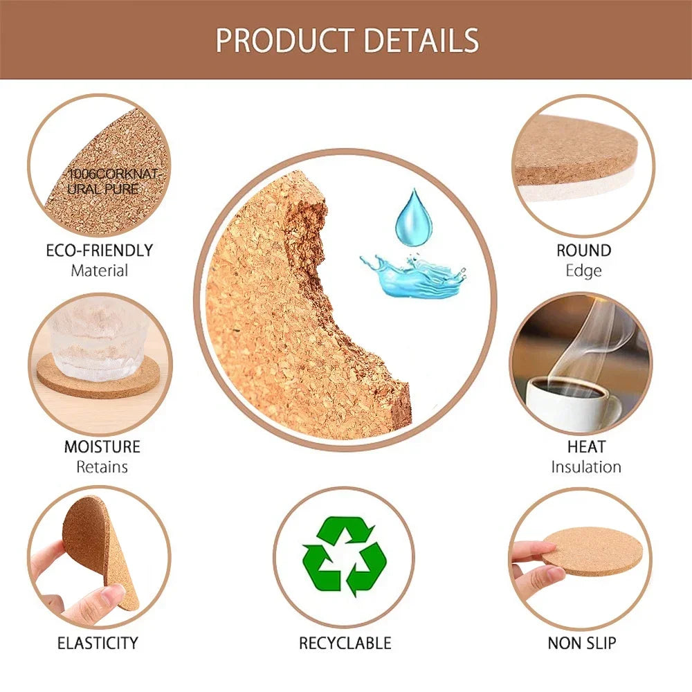 Sottobicchieri in sughero antiscivolo, sottobicchieri rotondi in legno naturale