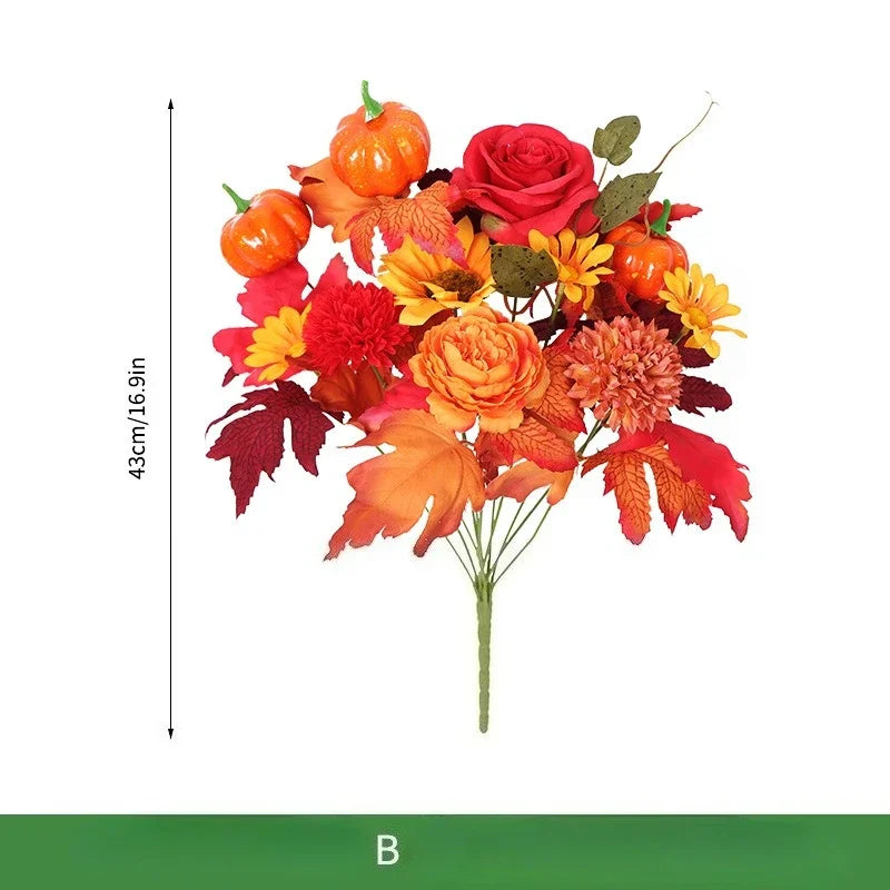 Ramo navideño de naranjas, girasoles artificiales y hojas de arce