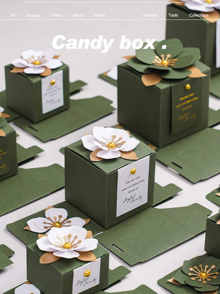 Wedding Candy Box Green Creative Flower Square Exquisite Personalized.