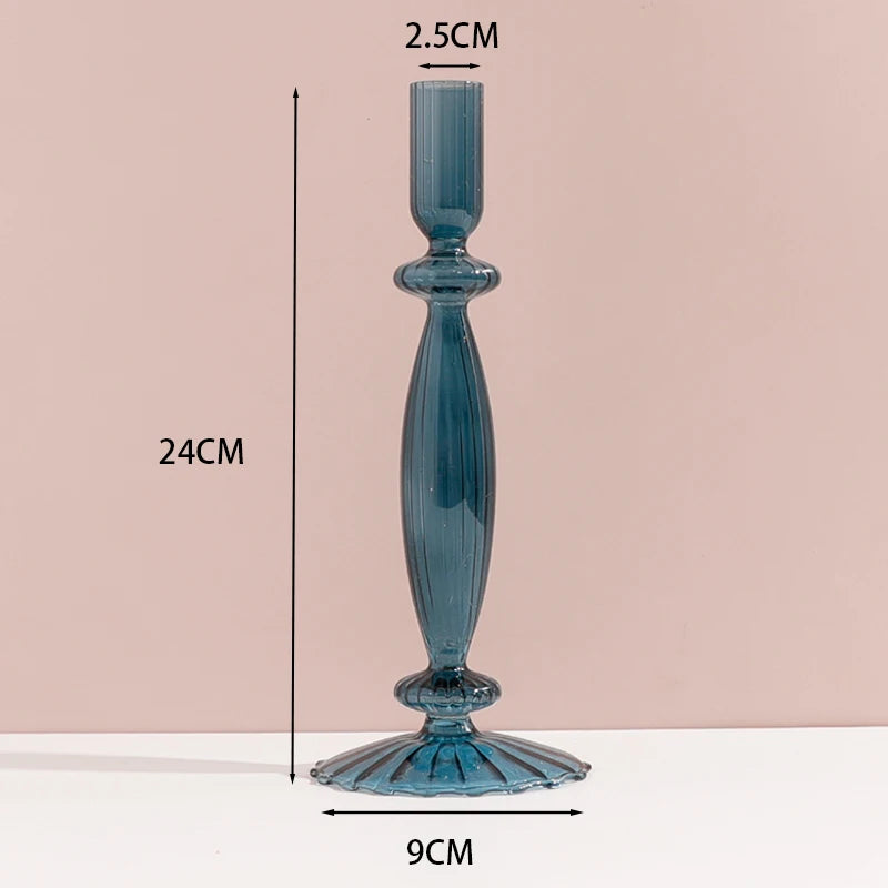 Navy Glass Candle Holder Stripe Flower Glass