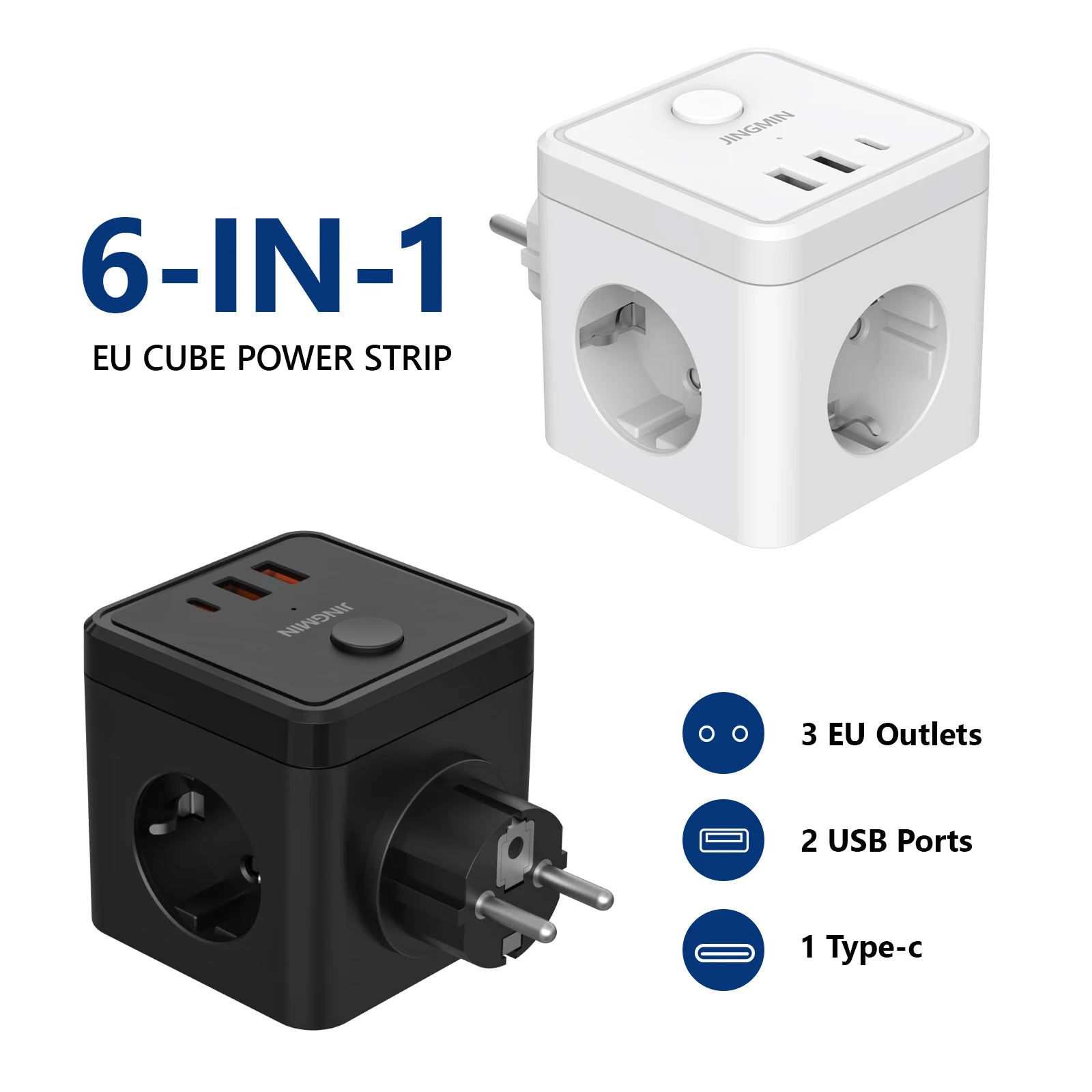 Prolunga per presa a muro con interruttore, 3 prese, 2 porte USB A e 1 porta di tipo C, cubo portatile