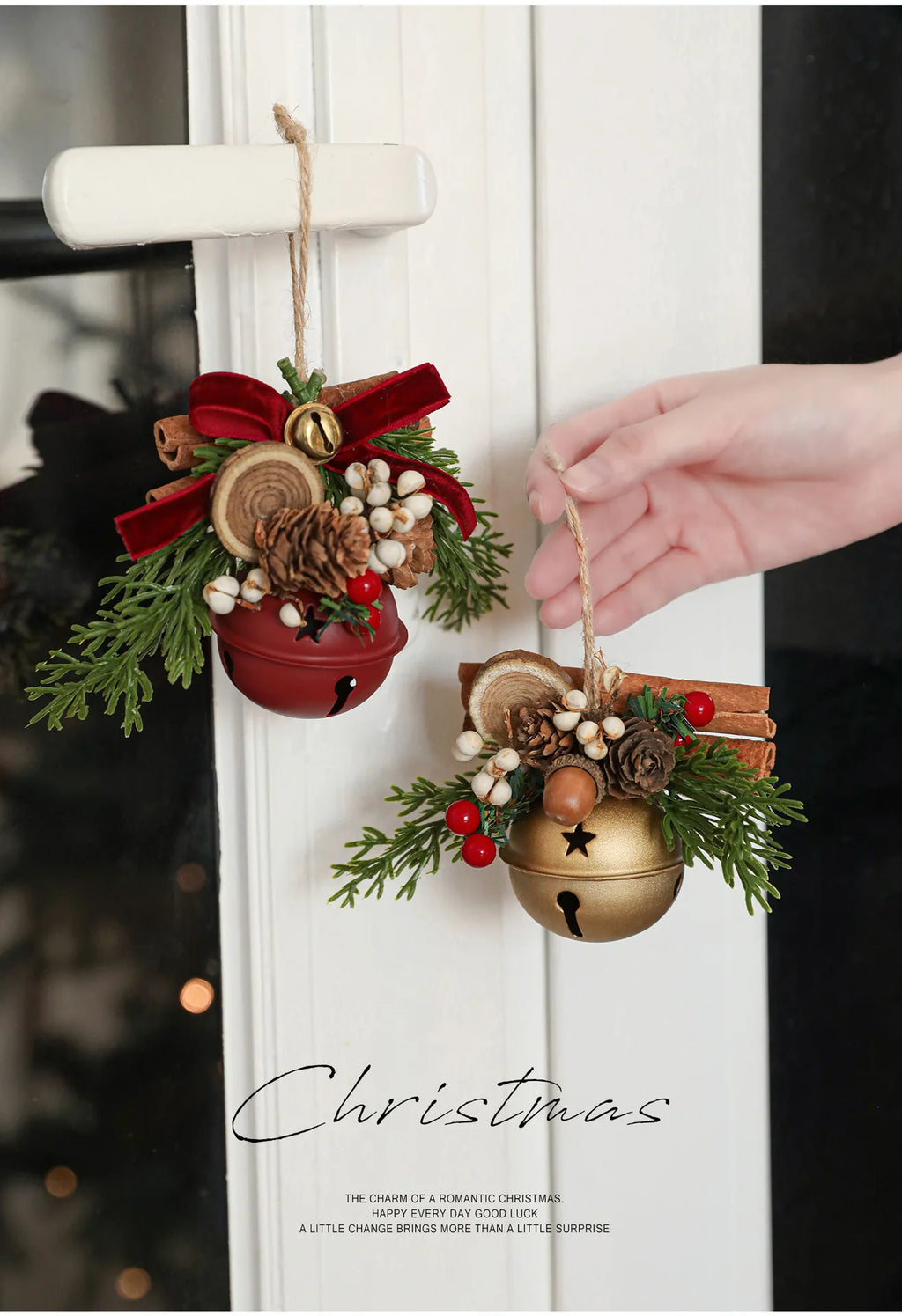 Christmas bells antlers bows pinecones Christmas tree.