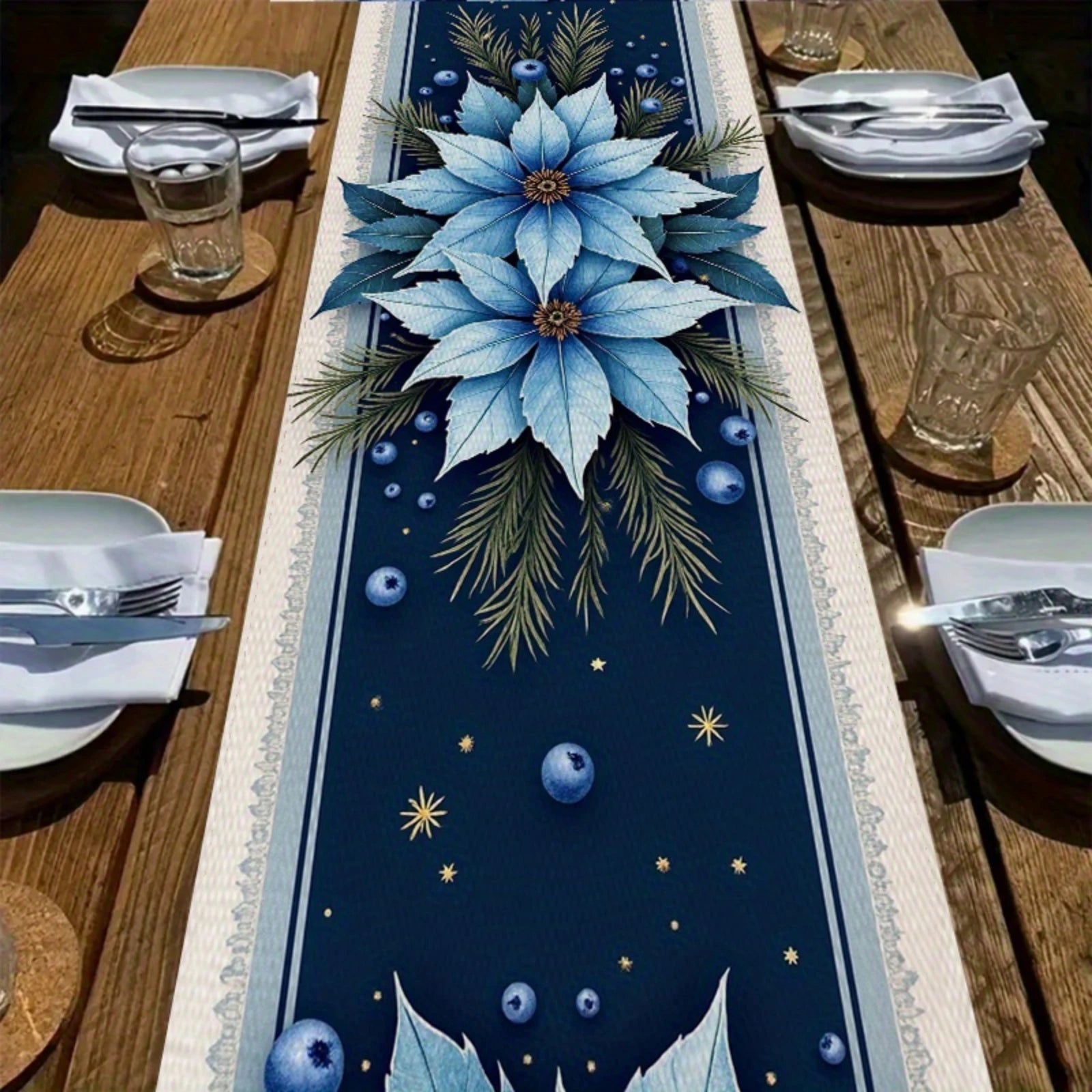 Runner da tavola natalizio, elegante decorazione da pranzo per le feste in blu navy con stella di Natale blu.