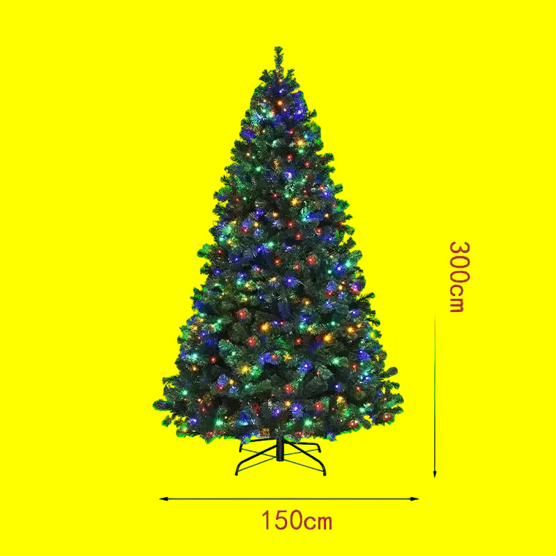 Decorated Christmas green color tree with multicolor lights on a yellow background with measurements.