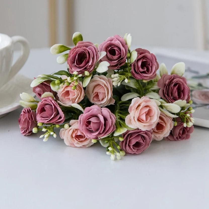 Rosa di seta per bouquet da sposa, fiore artificiale per la casa