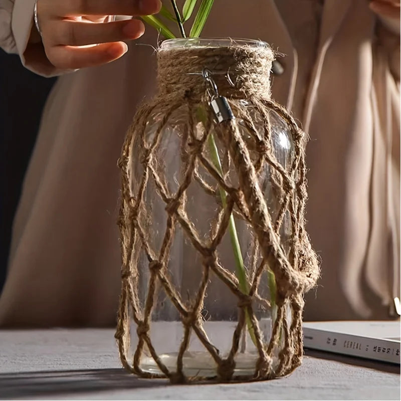 Retro hemp rope glass vase hand-woven country creative.