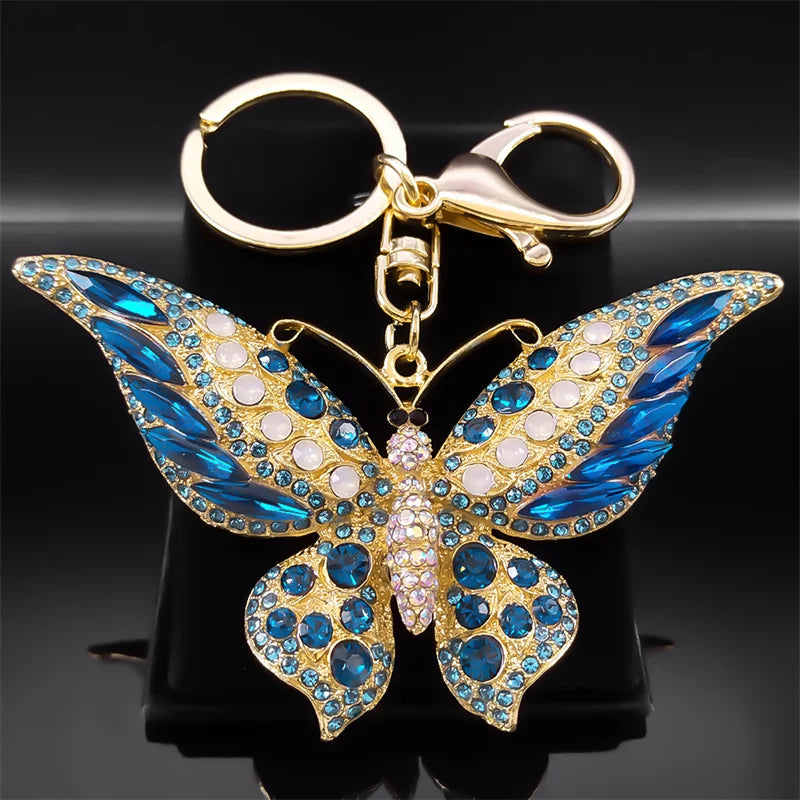 Portachiavi con ciondolo a farfalla in strass colorati color oro