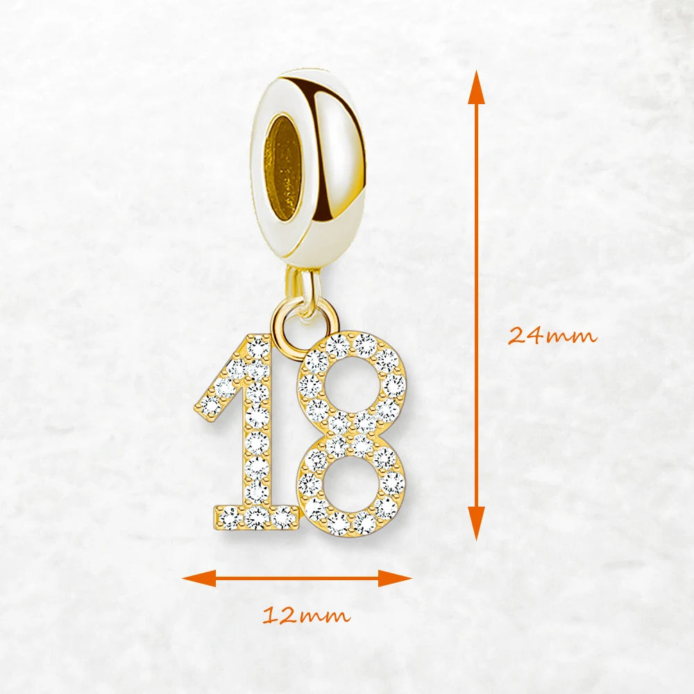 Gold Plated Dangle Charm Pendant Number 18  925 Sterling Silver