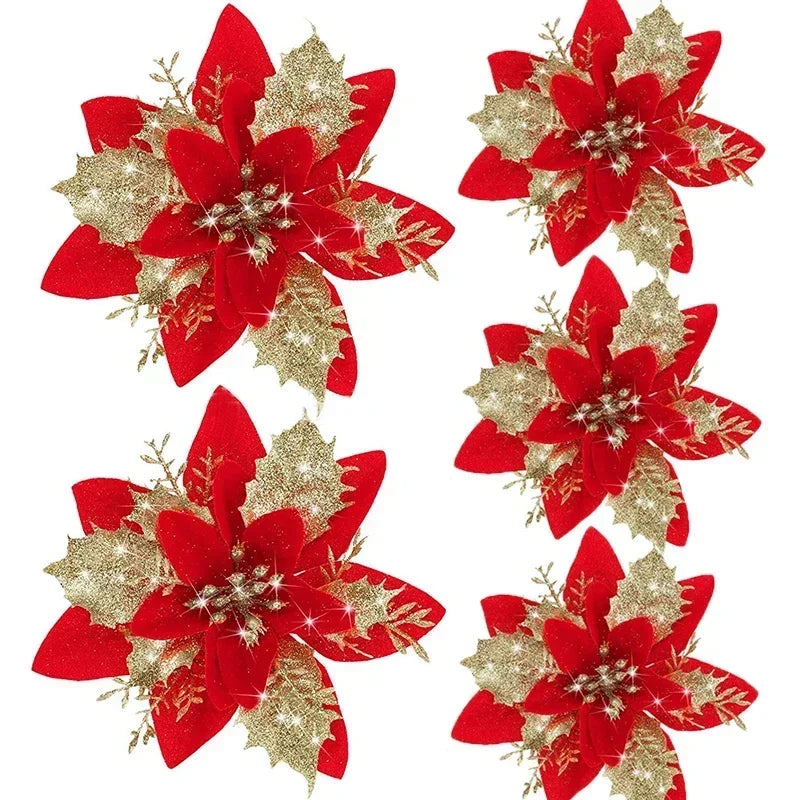 5 flores artificiales de Navidad con purpurina