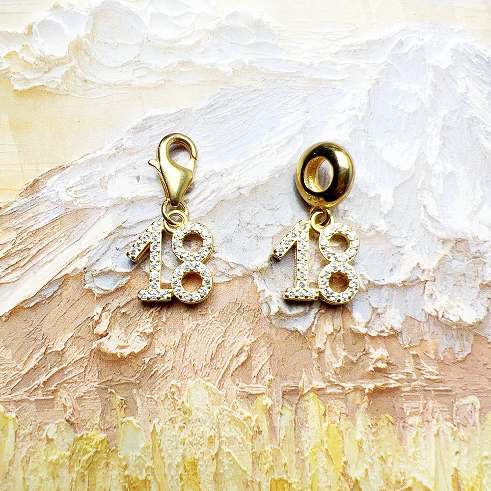 Gold Plated Dangle Charm Pendant Number 18  925 Sterling Silver