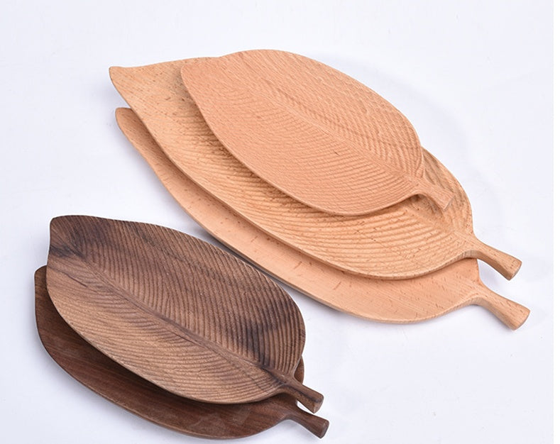 Vassoio in legno massello creativo fatto a mano con foglie di frutta e snack dim sum in legno