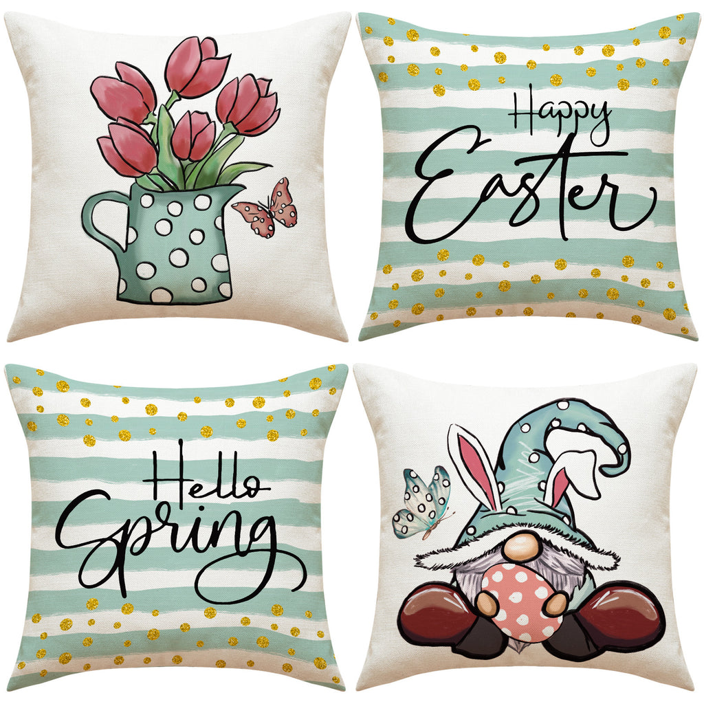 Easter Linen Print Cartoon Pillow Cover
