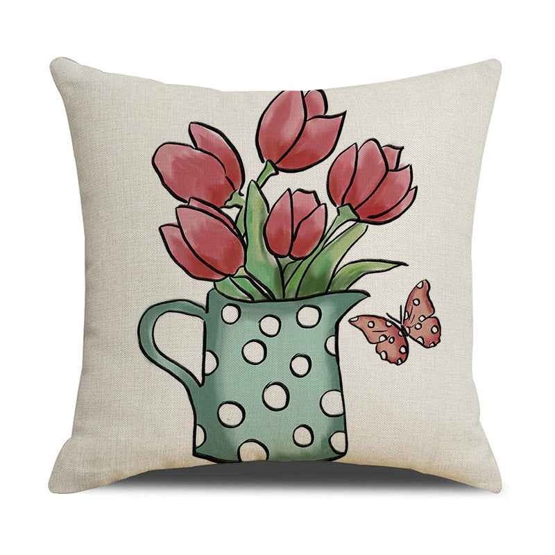 Easter Linen Print Cartoon Pillow Cover