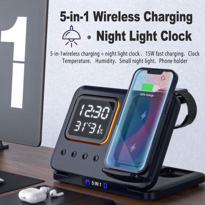 Wireless Chargers Stand 5 In1 LED Digital Alarm Clock Fast Charging