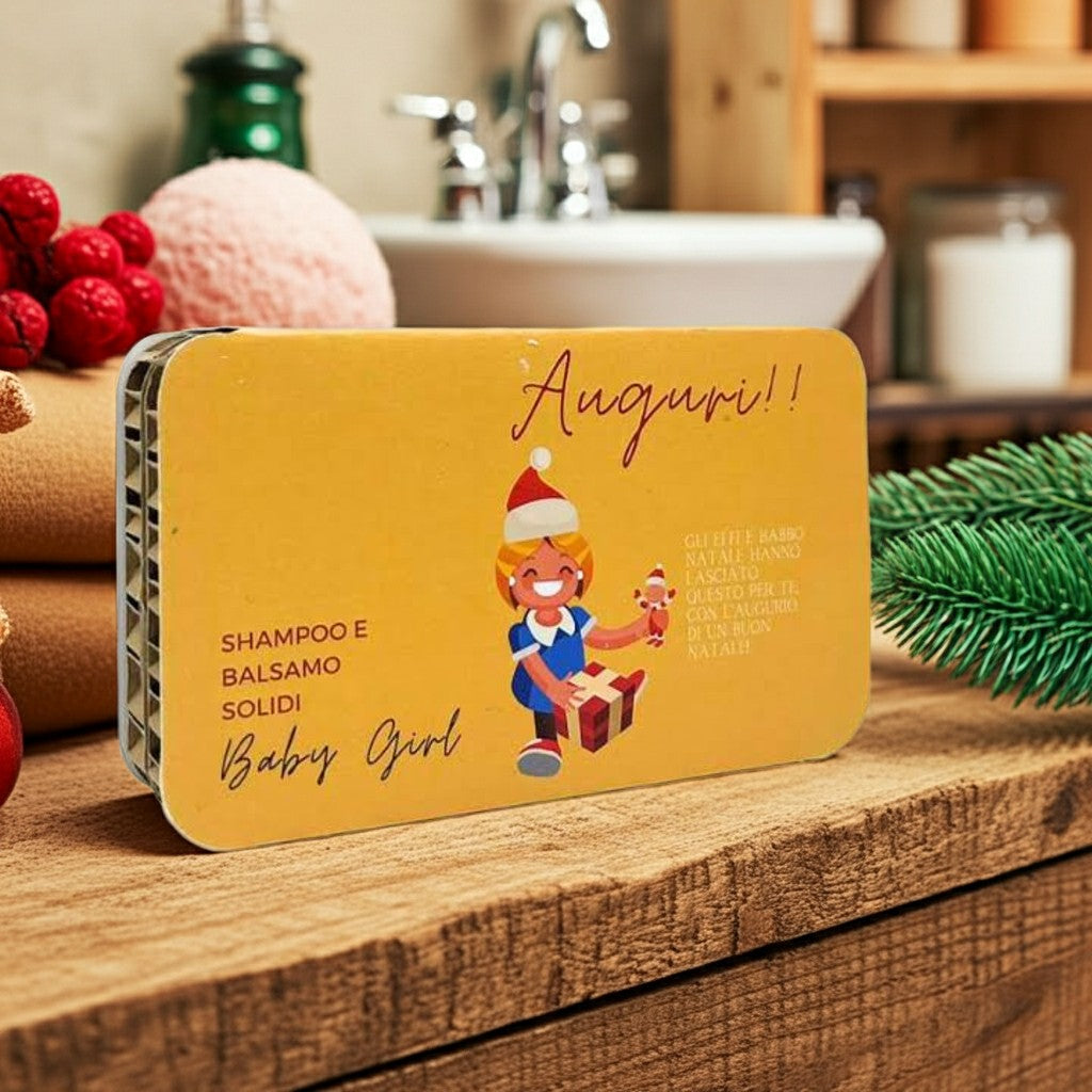 CONFEZIONE NATALIZIA PER BAMBINA SHAMPOO SOLIDO BABY GIRL FIOR DI TALCO+BALSAMO SOLIDO BABY ANGURIA &amp; CETRIOLO
