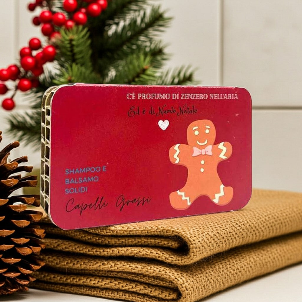 CONFEZIONE NATALIZIA SHAMPOO SOLIDO CAPELLI GRASSI RUGIADA + BALSAMO SOLIDO CAPELLI GRASSI O CON FORFORA YOGURT UND CREMA DI RISO
