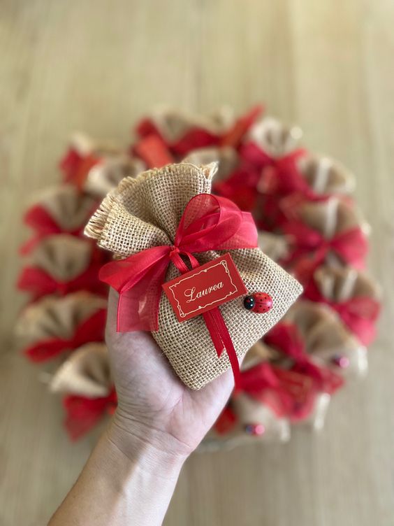 Sacchetto regalo di coriandoli per la laurea con nastro rosso e coccinella