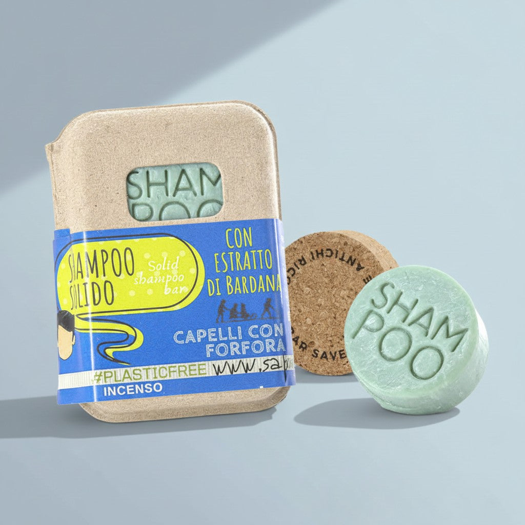 SHAMPOO SOLIDO CAPELLI CON FORFORA ALL'INCENSO CON BAR SAVER IN SUGHERO