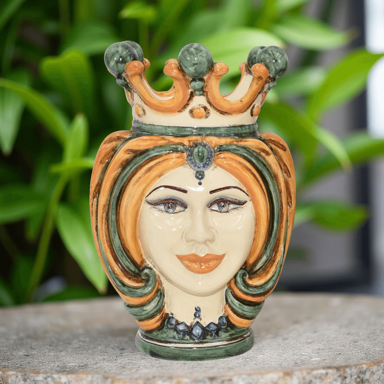 Testa h 25 turbante verde/arancio - Ceramiche di Caltagirone Sofia