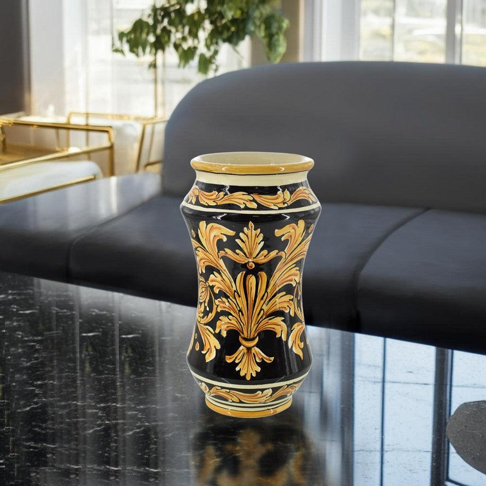 Vaso albarello h 25 Ornato Fondo Nero in ceramica di Caltagirone