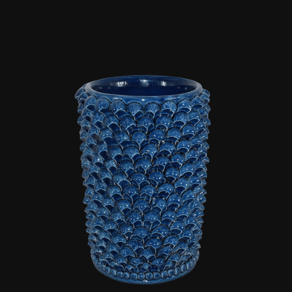 Vaso cilindro pigna di Caltagirone modellata a mano altezza 25 cm in blu intenso