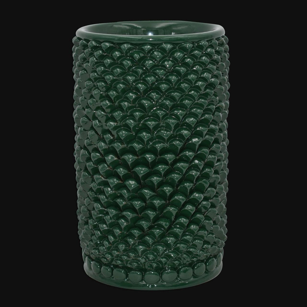 Vaso cilindro pigna di Caltagirone modellata a mano altezza 25 cm in verde antico