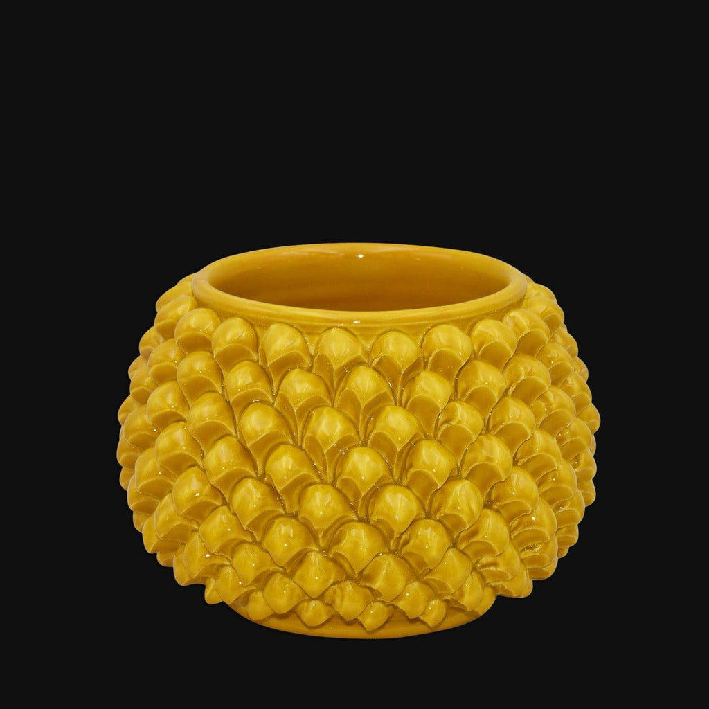Vaso mezza pigna s/piede senape in ceramica di Caltagirone