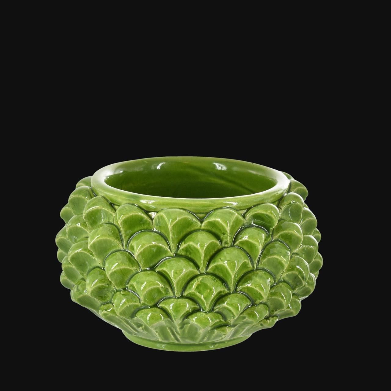 Vaso mezza pigna s/piede verde foglia in ceramica di Caltagirone
