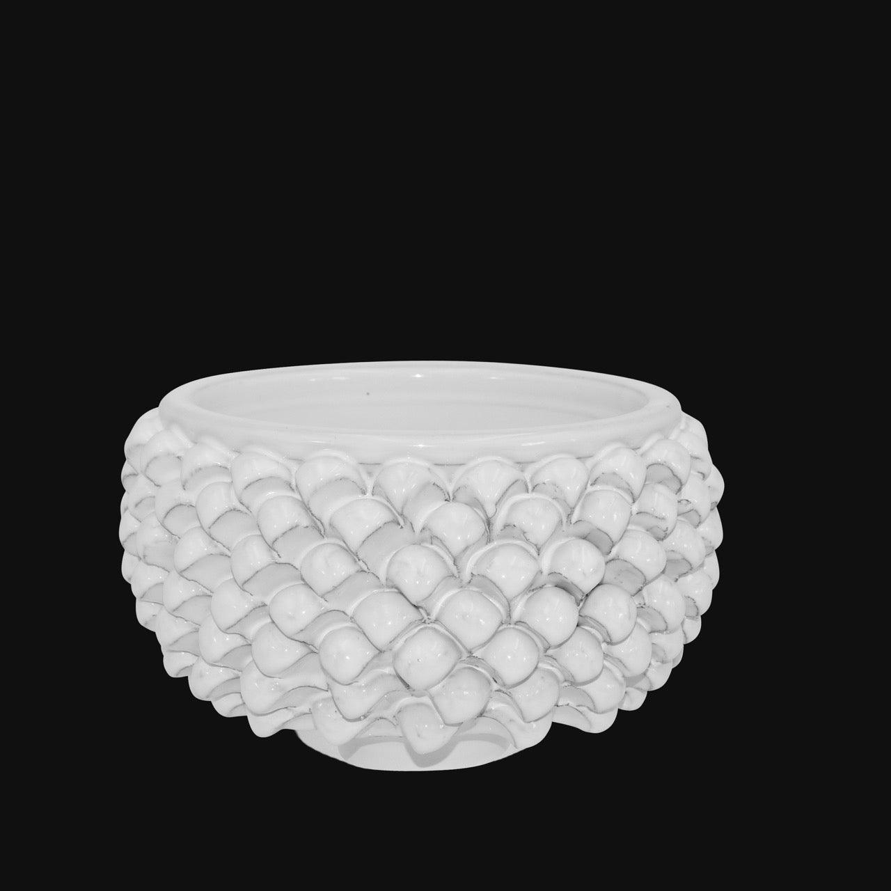 Vaso mezza pigna s/piede linea bianca in ceramica di Caltagirone